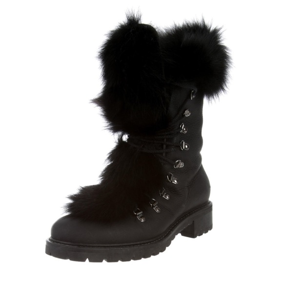 Barneys New York Black Fox Fur-Trimmed M6 Combat Boots - Picture 3 of 7